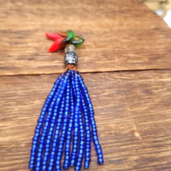 Jewelry - Native blue seed beaded exotic‎ necklace tassel pendant